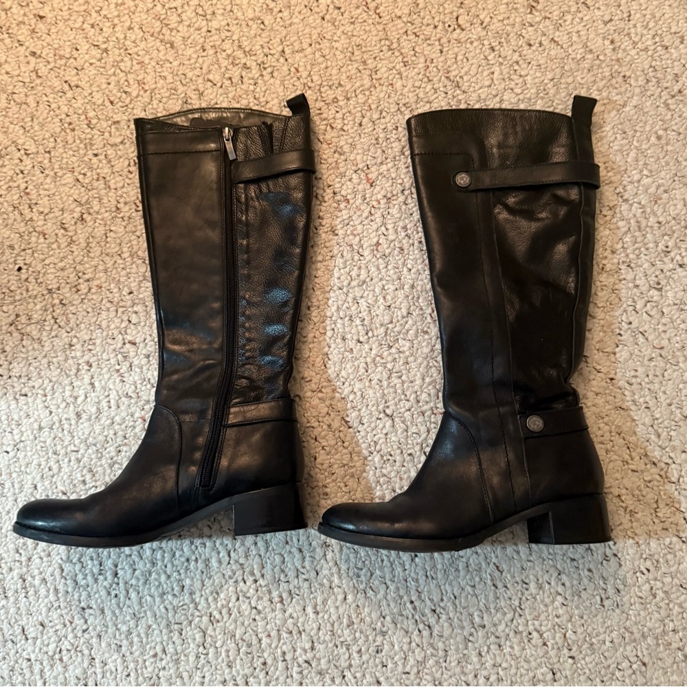 Franco Sarto Black Heeled Boots with Smooth Leather Finish and Low Block Heel